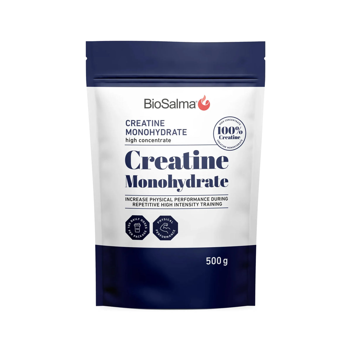 BioSalma Creatine Monohydrate 500 g -kreatiinijauhe pakattuna valkoiseen ja tummansiniseen pussiin., kuva 1/1