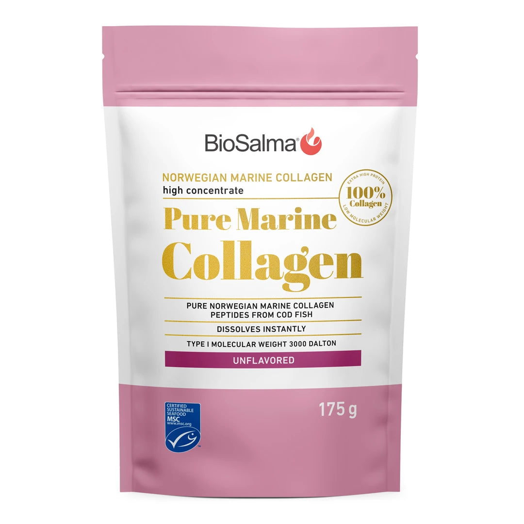 BioSalma Pure Norwegian Marine Collagen 175 g valkoisessa pussissa pinkeillä yksityiskohdilla ja kultatekstillä., kuva 1/1
