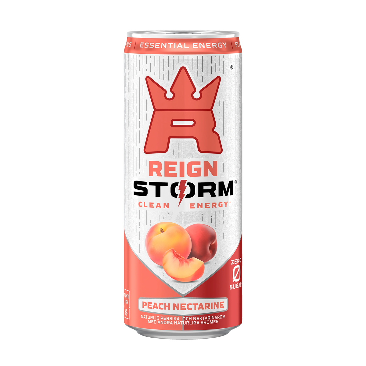 Reign Storm Energy 355 ml -energiajuoma valkoisessa tölkissä punaisilla yksityiskohdilla, makuna Peach Nectarine., kuva 1/5
