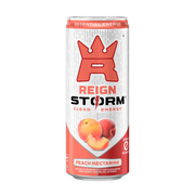 Reign Storm Energy 355 ml energidryck i en vit burk med röda detaljer för smaken Peach Nectarine.