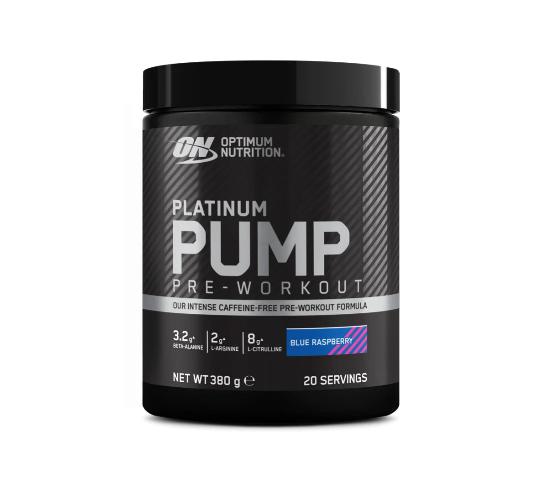Optimum Nutrition PLATINUM PWO PUMP 380 g mustassa purkissa, makuna Blue Raspberry.