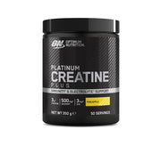 Optimum Nutrition Platinum Creatine Plus 350 g mustassa purkissa hopeisin ja keltaisin yksityiskohdin, makuna Pineapple.