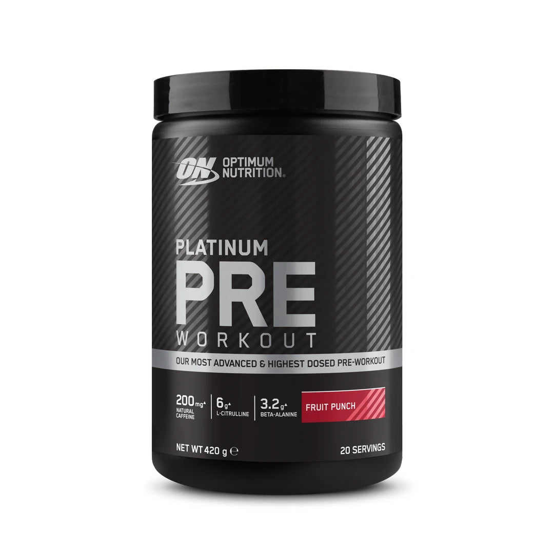 Optimum Nutrition Platinum Pre-Workout 420 g PWO mustassa purkissa hopeisella tekstillä, makuna Fruit Punch., kuva 1/3