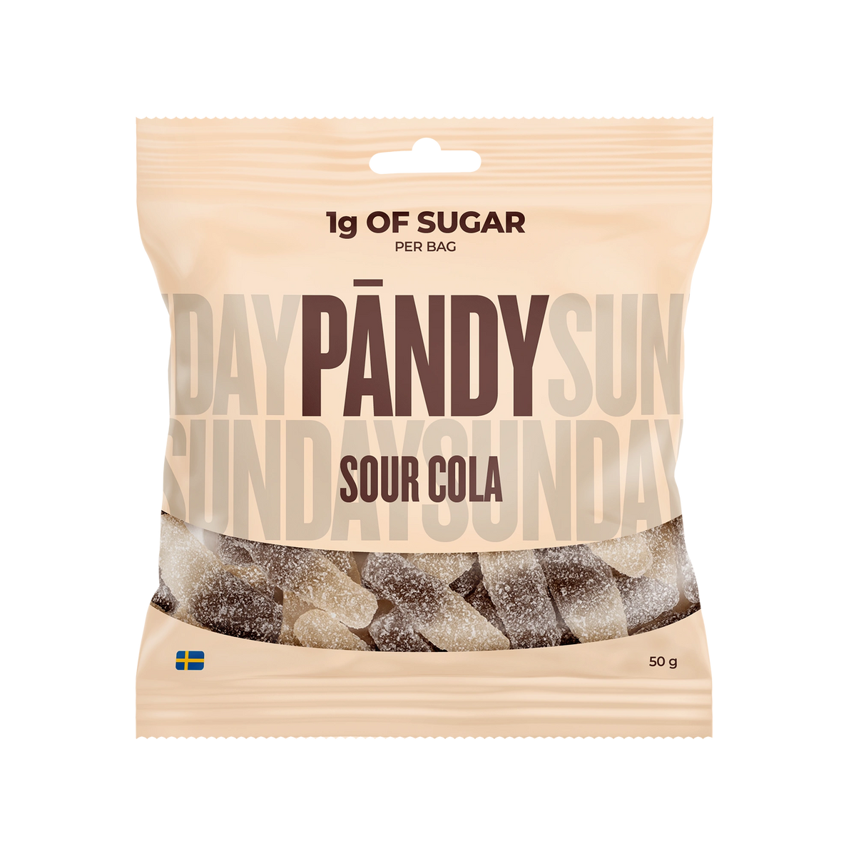 Pändy Candy Sour Cola 50 g kirpeitä colanappeja vaaleassa pussissa, jossa on ruskea teksti ja läpinäkyvä ikkuna., kuva 1/1