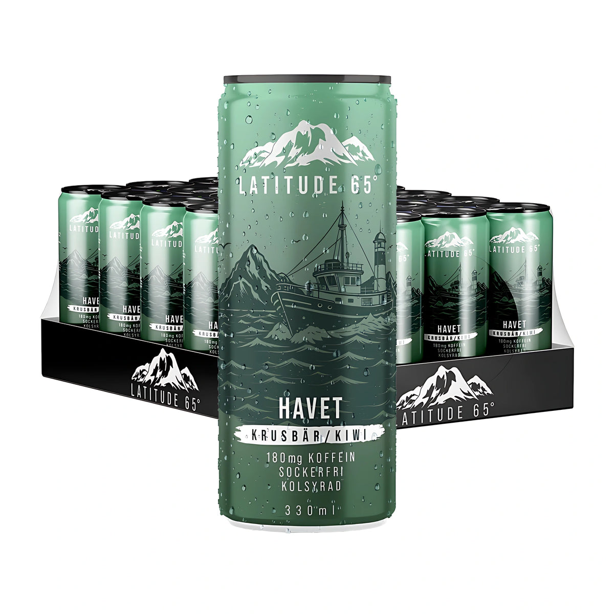 24 x Latitude 65 330 ml Havet - Karviainen/Kiivi -energiajuomaa vihreissä tölkeissä mustalla alustalla, yksi tölkki etualalla.