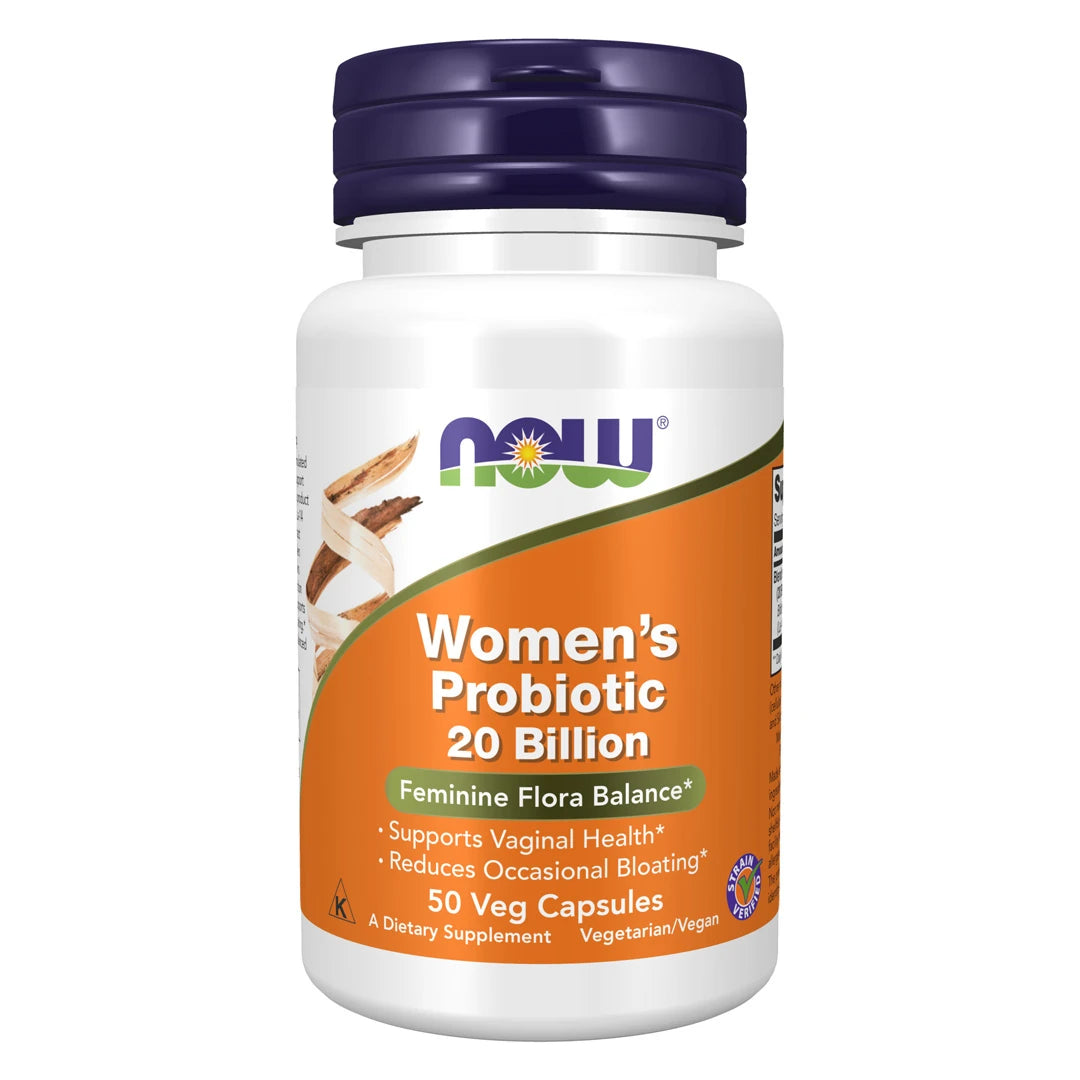 NOW Women's Probiotic 20 Billion 50 vegikapselia valkoisessa purkissa oranssilla etiketillä ja tummansinisellä kannella., kuva 1/1