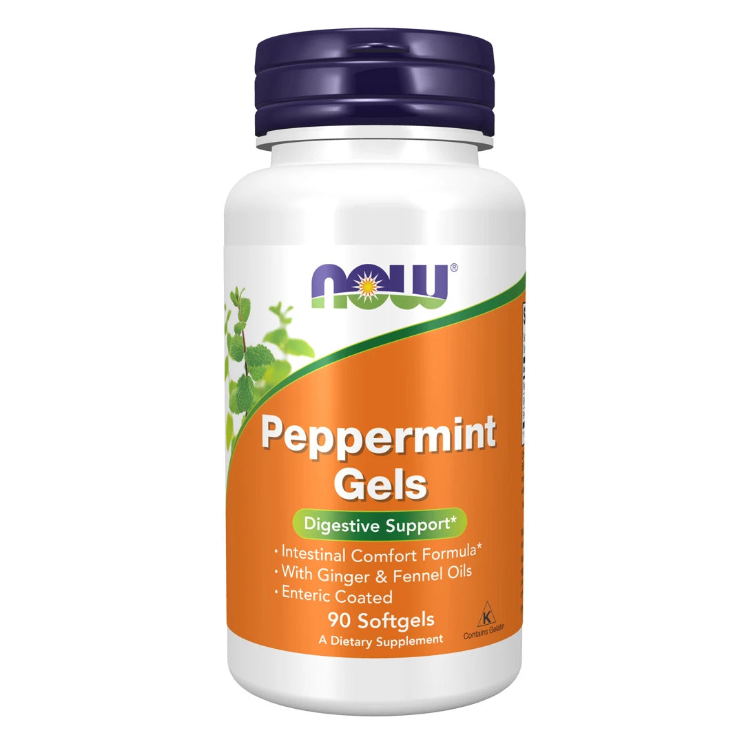 NOW Peppermint Gels 90 Softgels -ruoansulatusravintolisä valkoisessa purkissa, jossa liila kansi ja oranssi etiketti., kuva 1/1