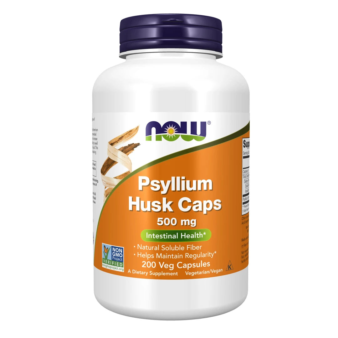 NOW Psyllium Husk Caps 500 mg 200 vegcaps -ravintolisä valkoisessa purkissa, oranssi etiketti ja tummansininen kansi., kuva 1/1