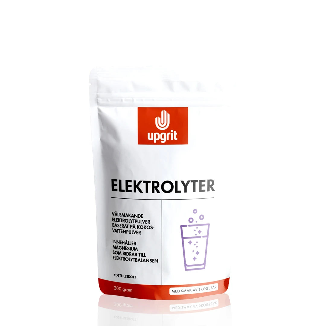 Upgrit Elektrolyytit 200 g -elektrolyyttijauhe valkoisessa pussissa punaisilla yksityiskohdilla, makuna metsämarja.
