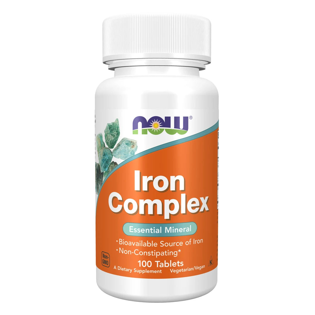 NOW Iron Complex 100 tablettia valkoisessa purkissa oranssilla etiketillä., kuva 1/1