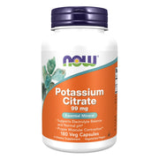 NOW Potassium (Kalium) Citrate 180 vegcaps valkoisessa muovipurkissa, jossa on liila kansi ja oranssi etiketti.