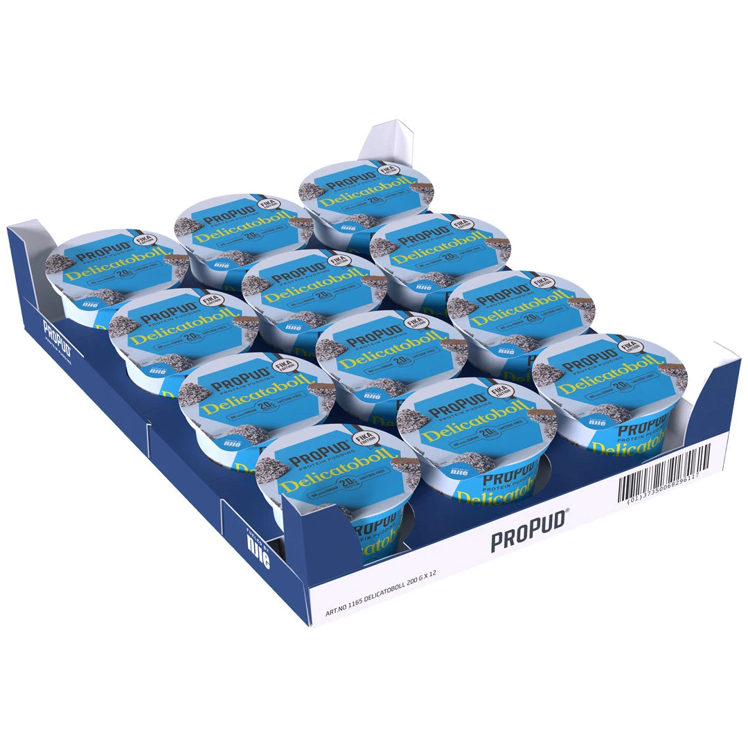 12 x NJIE ProPud 200 g Delicatoboll sinisessä laatikossa, joka on täytetty suklaapallon makuisilla proteiinivanukkailla., kuva 1/1