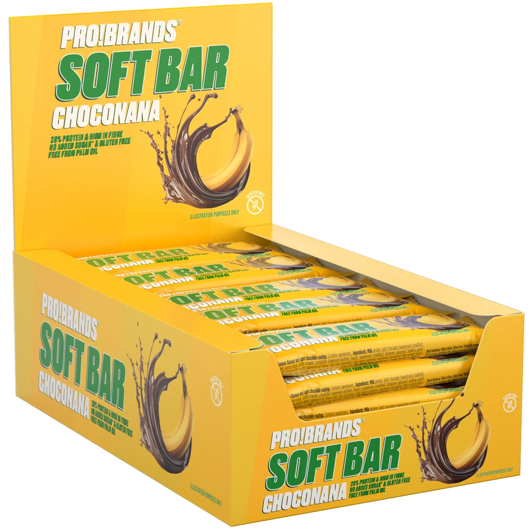 15 x Pro Brands Softbar 40 g Mix-laatikko avoimessa keltaisessa kartongissa, täynnä Choconana-proteiinipatukoita.