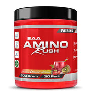 Fairing Amino Rush 300 g EAA-jauhe punaisessa purkissa, jossa on musta kansi, makuna Strawberry Kiwi.