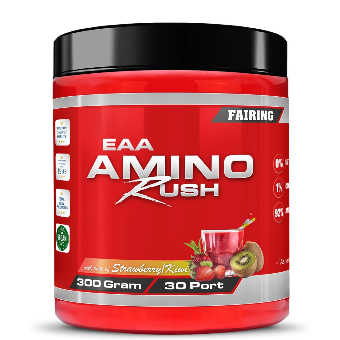 Fairing Amino Rush 300 g EAA-jauhe punaisessa, mustakantisessa purkissa, makuna Strawberry Kiwi., kuva 1/4