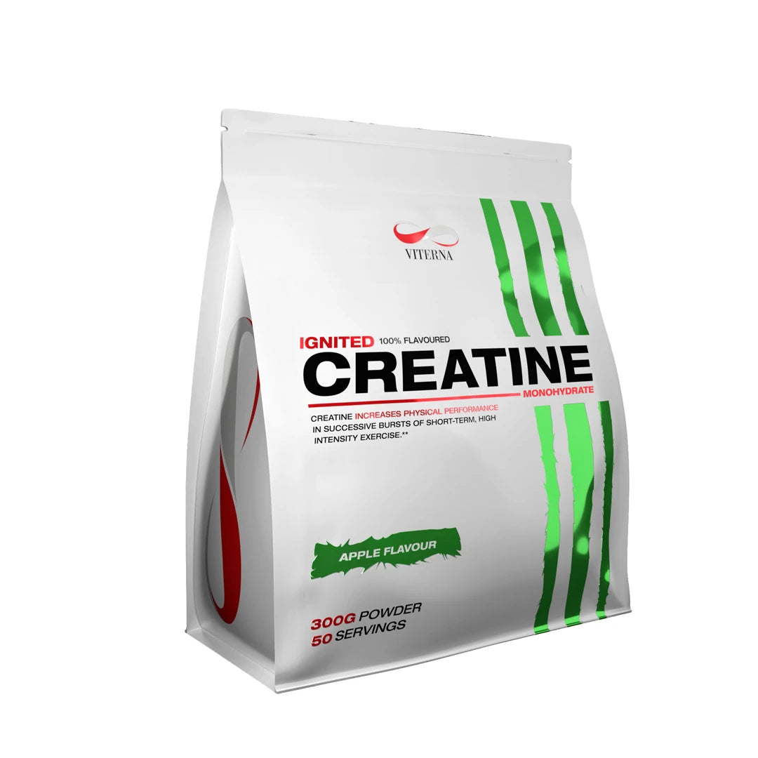 Viterna Ignited Creatine 300 g -kreatiinijauhe valkoisessa pussissa vihreillä yksityiskohdilla, makuna omena., kuva 1/3