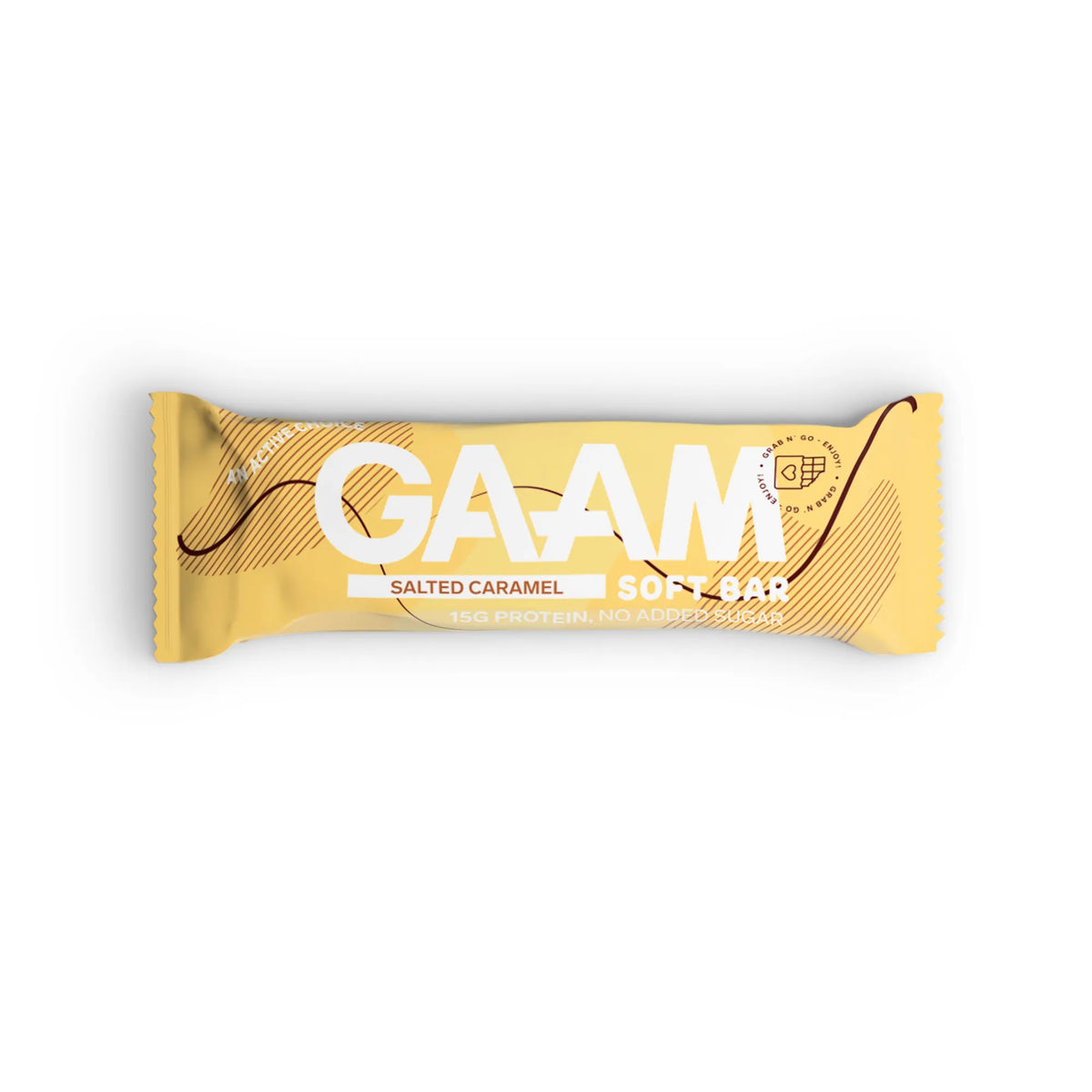 GAAM Protein &amp; Soft bar 45 g Salted Caramel keltaisessa pakkauksessa ruskeilla yksityiskohdilla., kuva 3/6