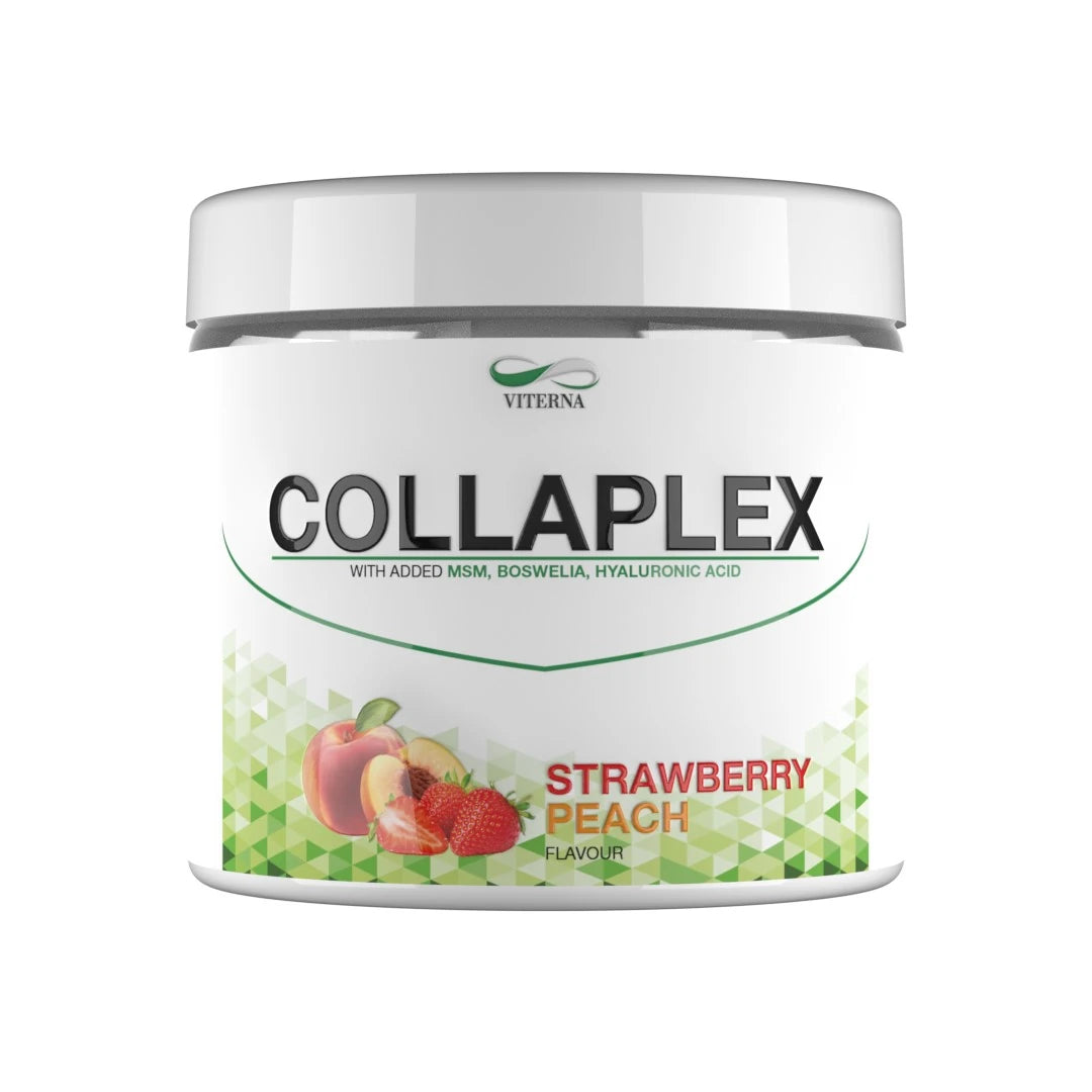 Viterna Collaplex powder 400 g -kollageeni valkoisessa purkissa vihreillä yksityiskohdilla, makuna Strawberry Peach., kuva 1/1