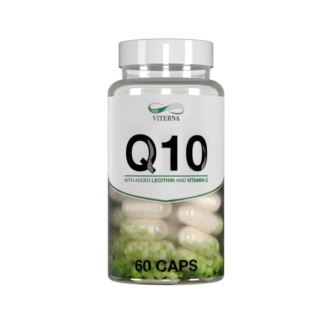 Viterna Q10 60 caps läpinäkyvässä purkissa valkoisella etiketillä ja vihreillä yksityiskohdilla, täynnä valkoisia kapseleita., kuva 1/1