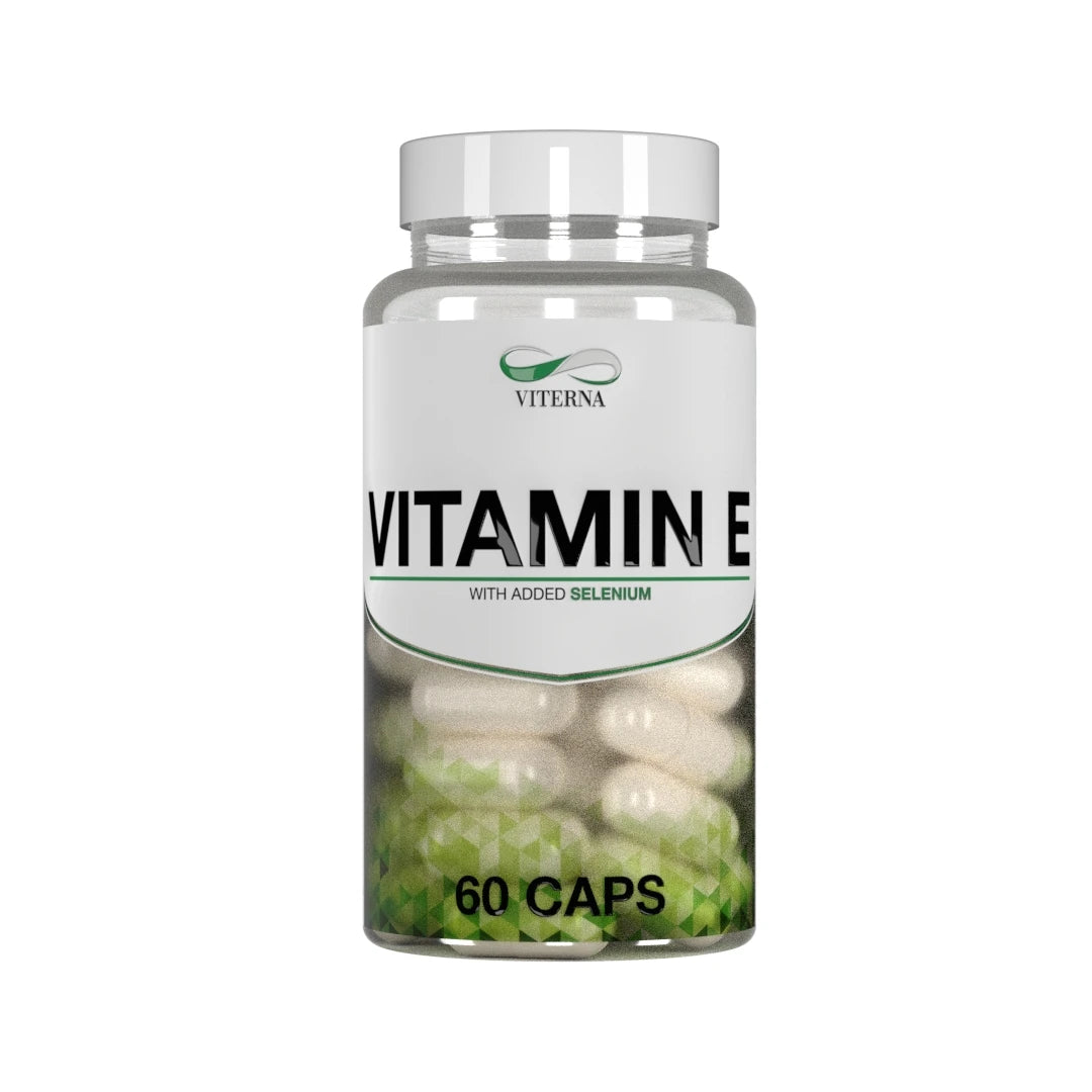 Viterna Vitamin E + Selenium 60 caps -ravintolisä läpinäkyvässä purkissa, jossa on valkoinen etiketti ja vihreitä yksityiskohtia., kuva 1/1