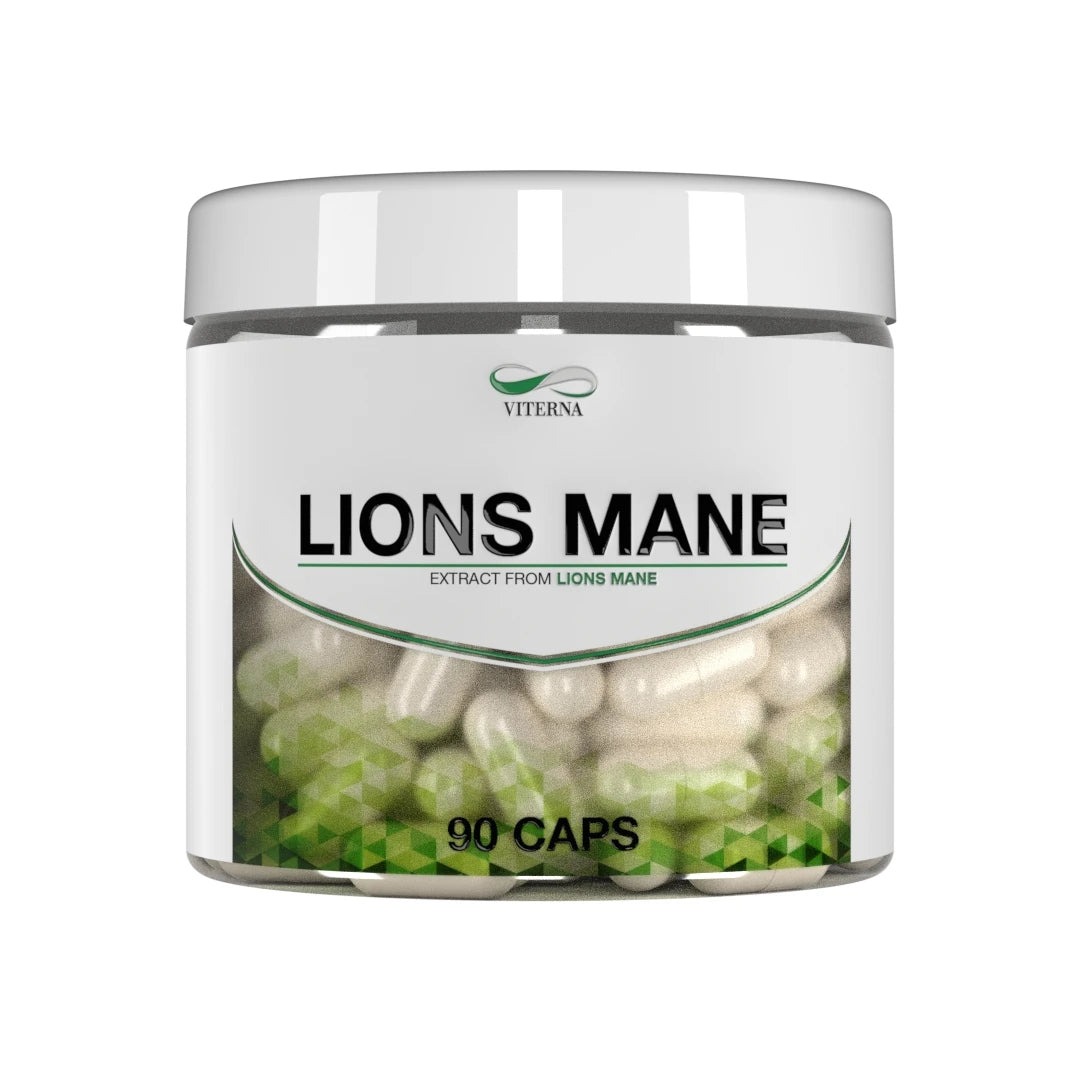 Viterna Lions mane 90 caps -ravintolisä valkoisessa purkissa, jonka vihreä grafiikka näyttää kapselit., kuva 1/1