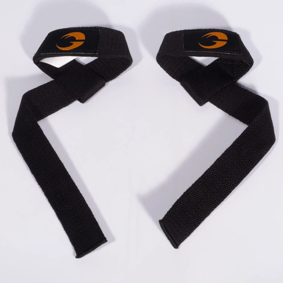 GASP Classic Lifting Straps Black, mustat paksusta puuvillasta valmistetut vetoremmit oranssilla logolla., kuva 1/1