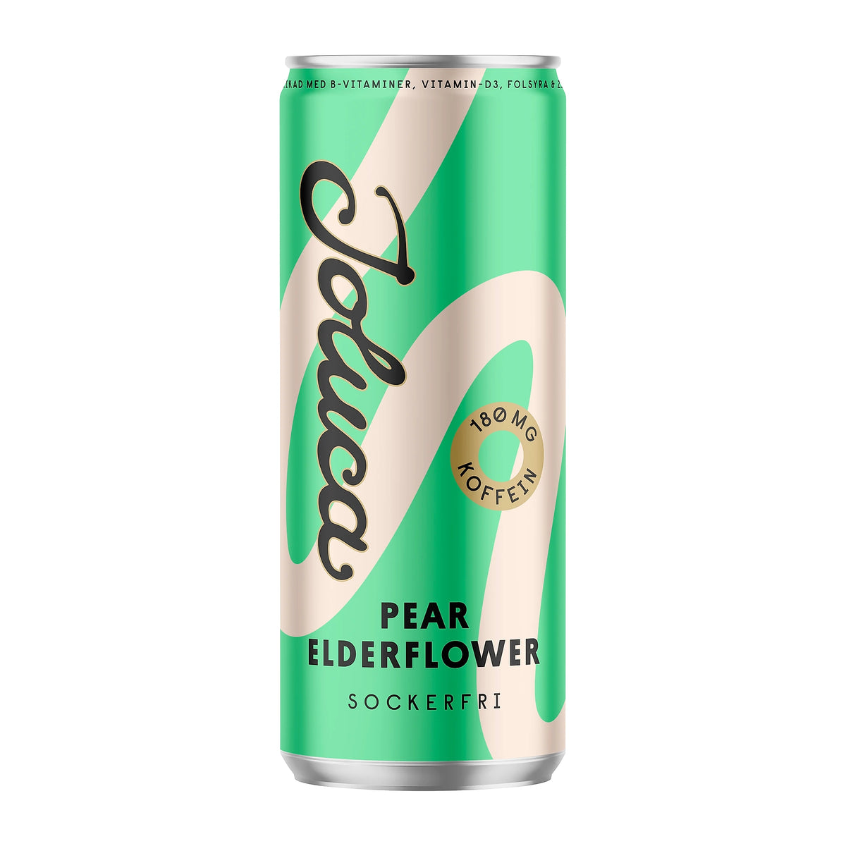 Joluca 330 ml -energiajuoma 180 mg kofeiinilla vihreässä ja beigessä tölkissä, makuna Pear Elderflower.