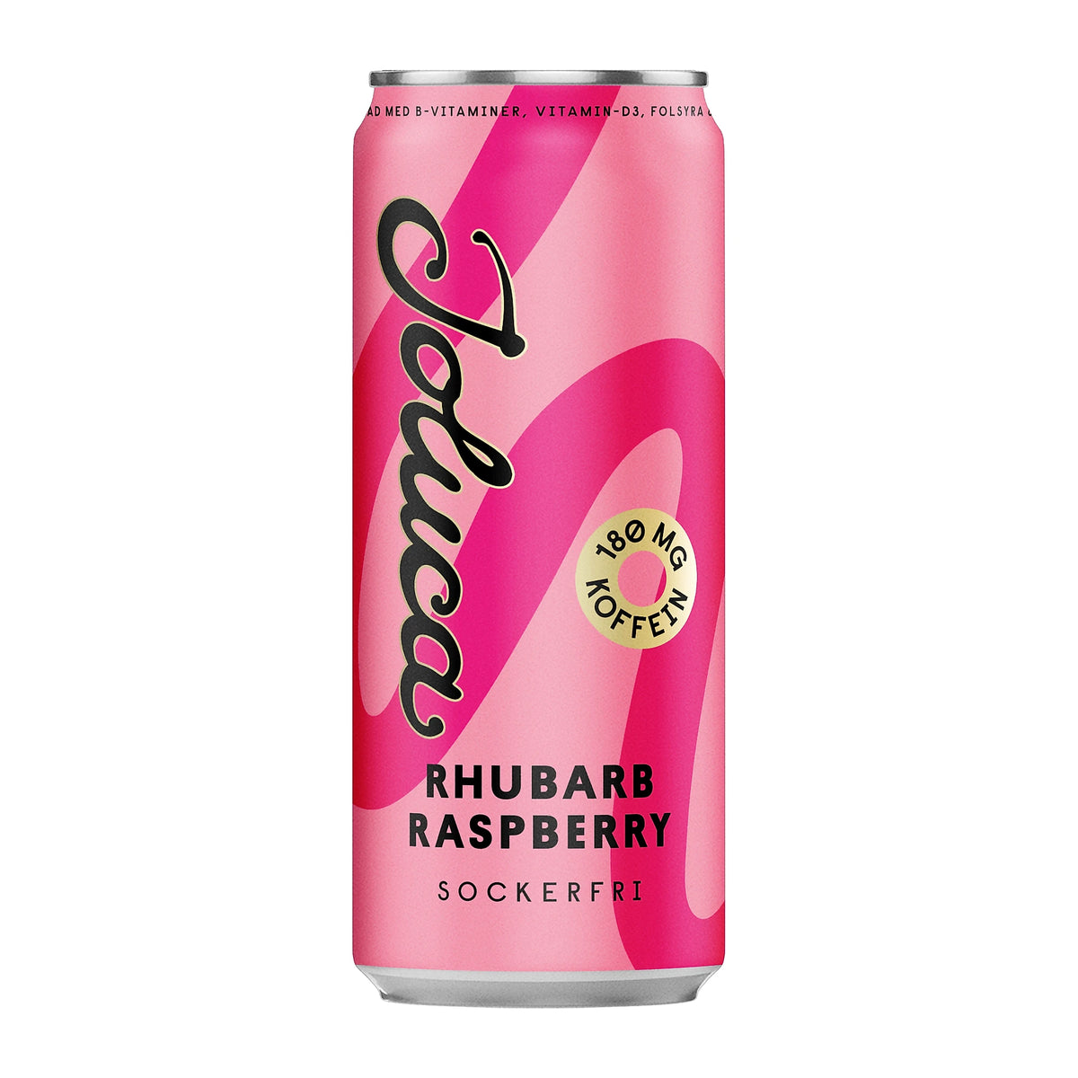 Joluca 330 ml sokeriton juoma vaaleanpunaisessa tölkissä, jossa on 180 mg kofeiinia, makuna Rhubarb Raspberry., kuva 2/6