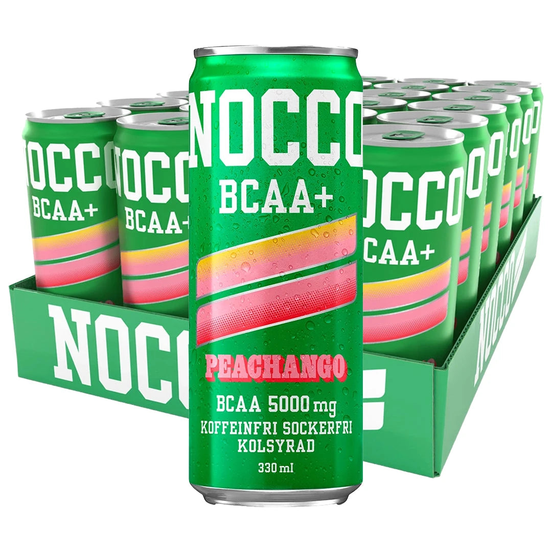 24 x NOCCO BCAA+ 330 ml Peachango vihreässä laatikossa energiajuomatölkkejä pinkeillä ja keltaisilla raidoilla., kuva 1/1
