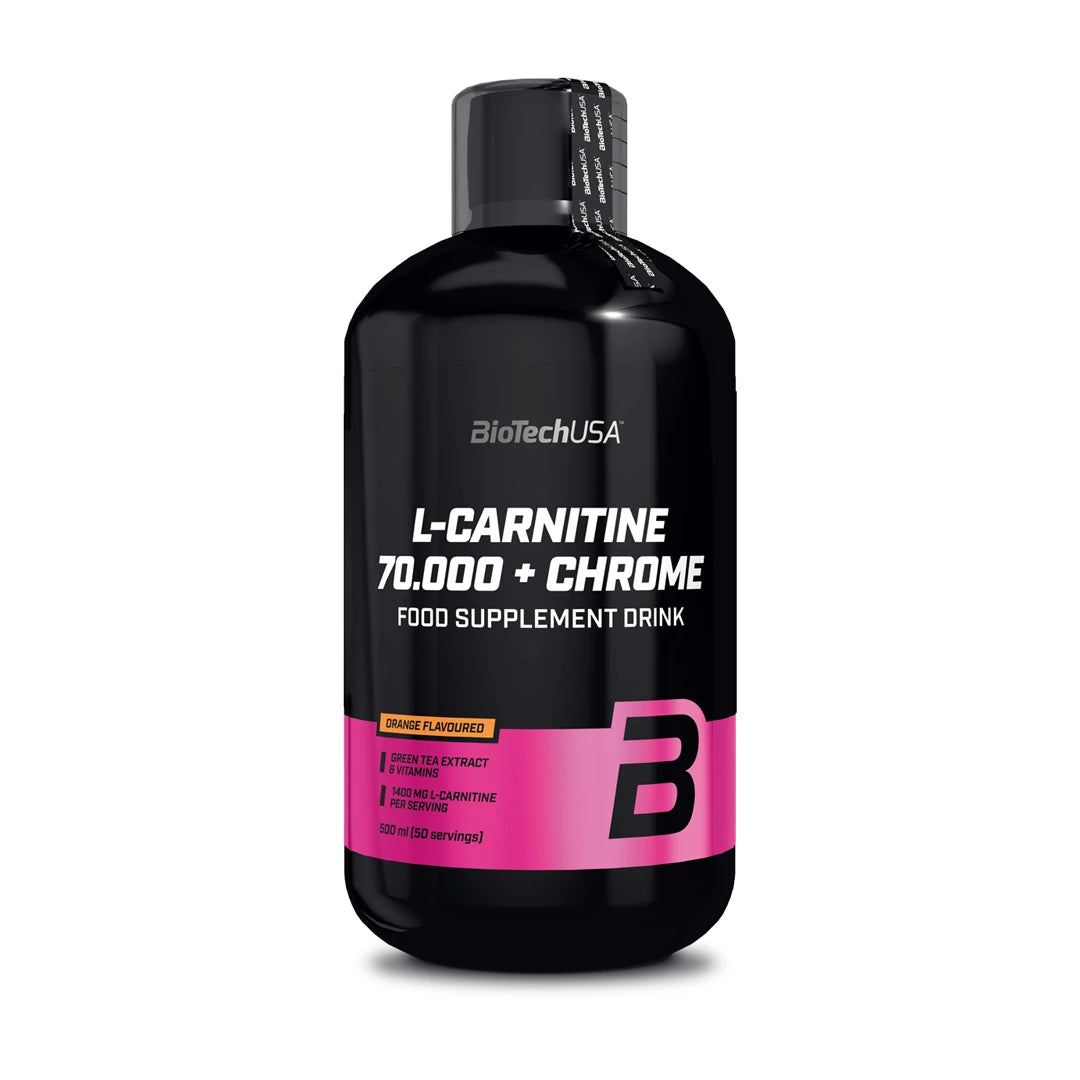 BioTechUSA L-Carnitine 70.000 + Chrome 500 ml i en svart flaska med rosa detaljer och text för smaken Orange.
