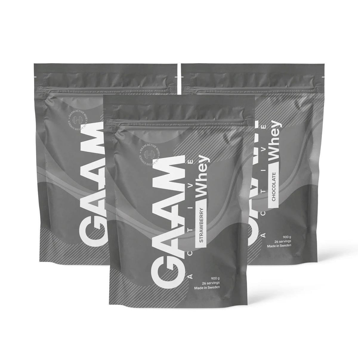 3 x GAAM Active Whey proteiinijauhe 900 g kolmessa harmaassa pussissa valkoisilla yksityiskohdilla eri mauissa., kuva 1/1