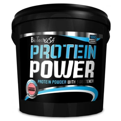 BioTechUSA Protein Power 4 kg proteinpulver i en svart hink med blå detaljer, smak Strawberry-Banana., bild 1 av 1