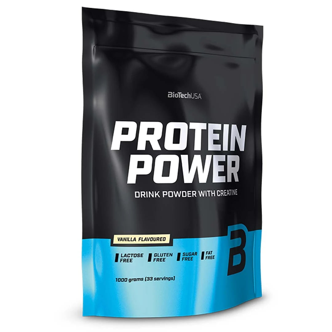 BioTechUSA Protein Power 1 kg -proteiinijauhe musta-vaaleansinisessä pussissa, makuna Vanilla., kuva 2/2