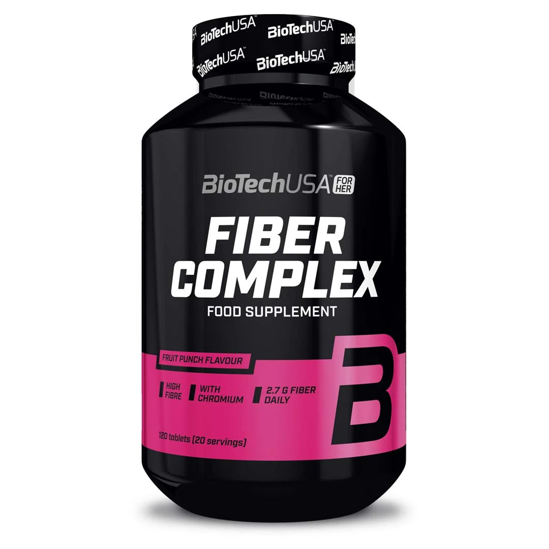 Hedelmänmakuinen BioTechUSA Fiber Complex 120 tabs mustassa purkissa pinkeillä yksityiskohdilla., kuva 1/1