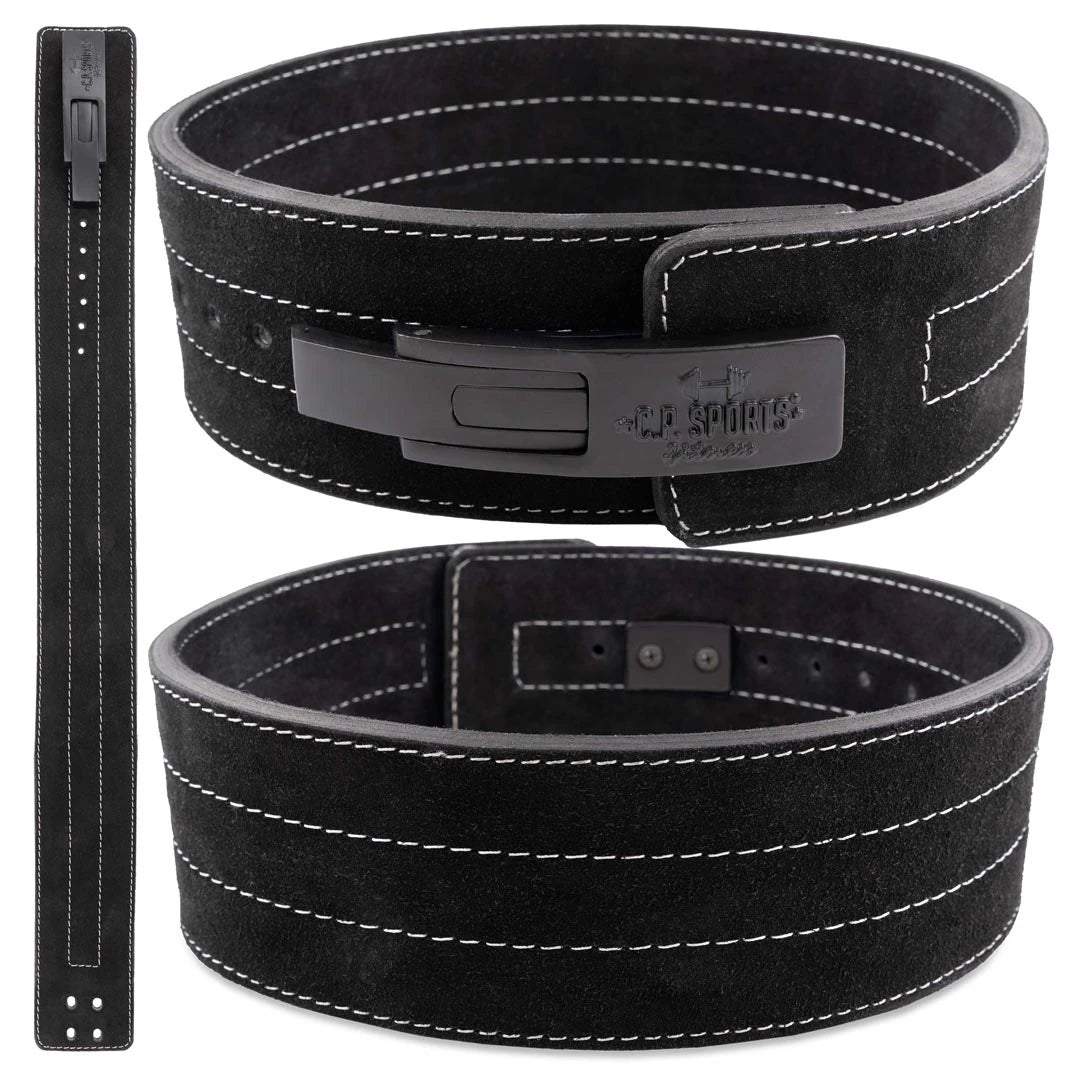 Musta nahkainen C.P. Sports Powerlifting Lever Belt pikalukolla ja valkoisilla tikkauksilla., kuva 7/7