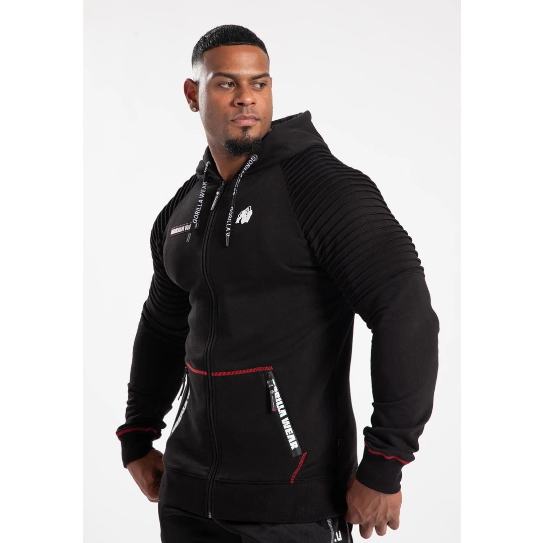 Gorilla Wear Georgia Zipped Hoodie Black, musta vetoketjuhuppari ribatuilla hihoilla ja punaisilla kontrastisaumoilla., kuva 8/8