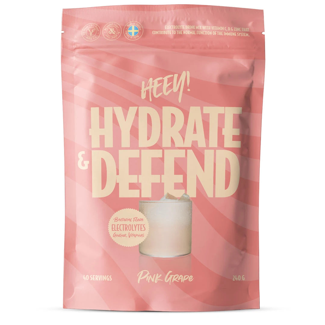 Heey! Hydrate &amp; Defend Electrolytes + Immune Support 240 g -elektrolyyttijauhe pinkissä pussissa, makuna Pink Grape., kuva 1/1