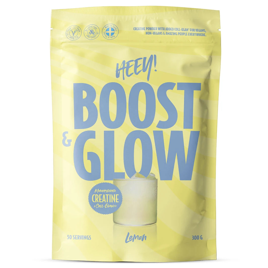 Heey! Boost &amp; Glow Creatine + Coll-egan® 300 g -kreatiinijauhe keltaisessa pussissa sinisellä tekstillä, makuna Lemon., kuva 1/3