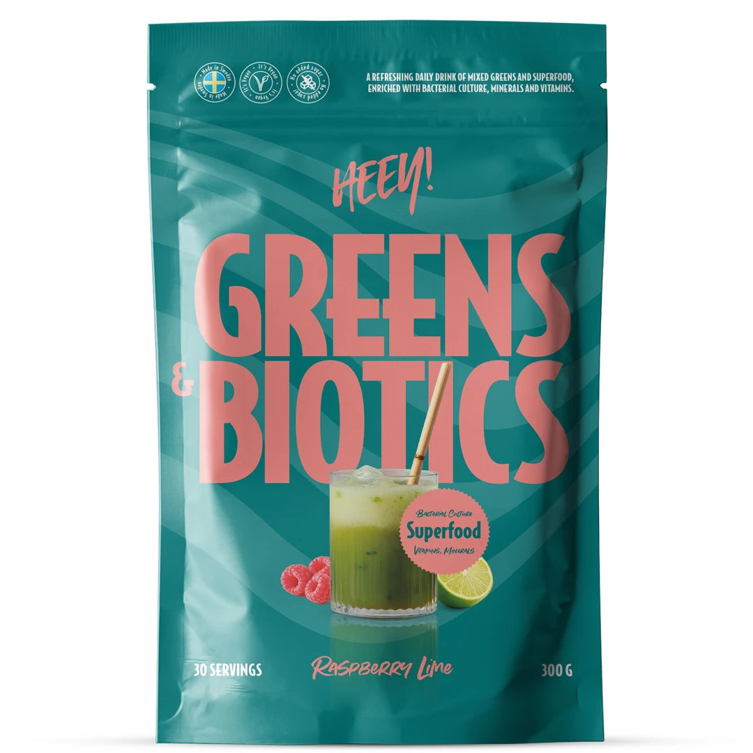 Heey! Greens &amp; Biotics Superfood + Probiotics 300 g -jauhe turkoosissa pussissa, makuna Raspberry Lime., kuva 2/3