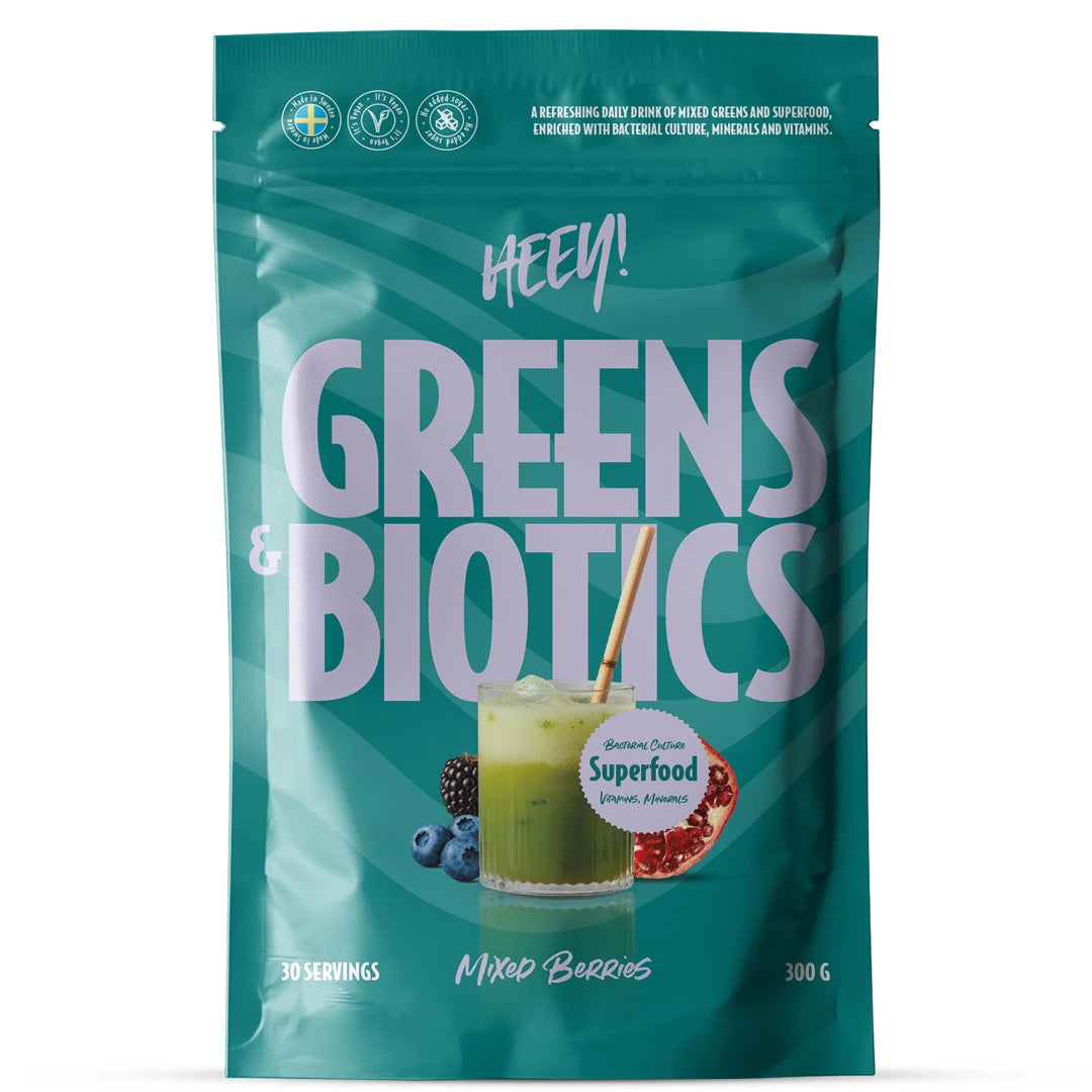 Heey! Greens &amp; Biotics Superfood + Probiotics 300 g -jauhe turkoosissa pussissa, makuna Mixed Berries., kuva 3/3
