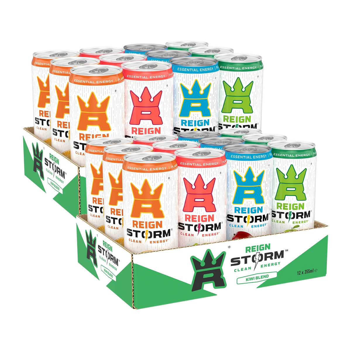24 x Reign Storm Energy 355 ml Mixflak kahdessa pahvilaatikossa, joissa on valkoisia energiajuomatölkkejä ja värikkäitä yksityiskohtia eri mauille.