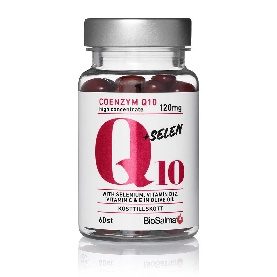 BioSalma Q10 Coenzym 120mg + selen 60 caps läpinäkyvässä purkissa, jonka valkoisessa etiketissä on pinkki teksti., kuva 1/1