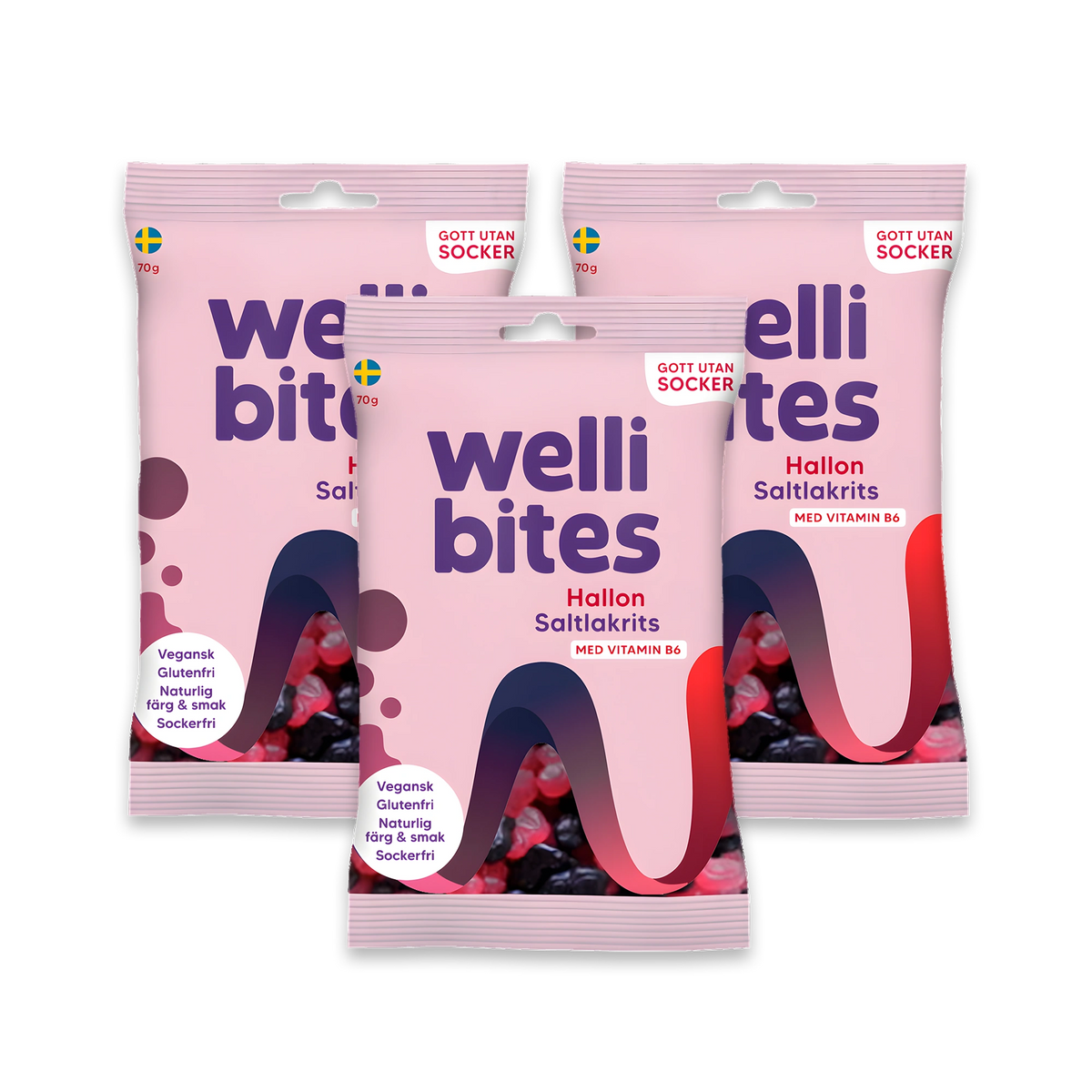 3 x Wellibites Candy 70 g Hallon &amp; Saltlakrits sokeritonta karkkia kolmessa vaaleanpunaisessa pussissa., kuva 1/1