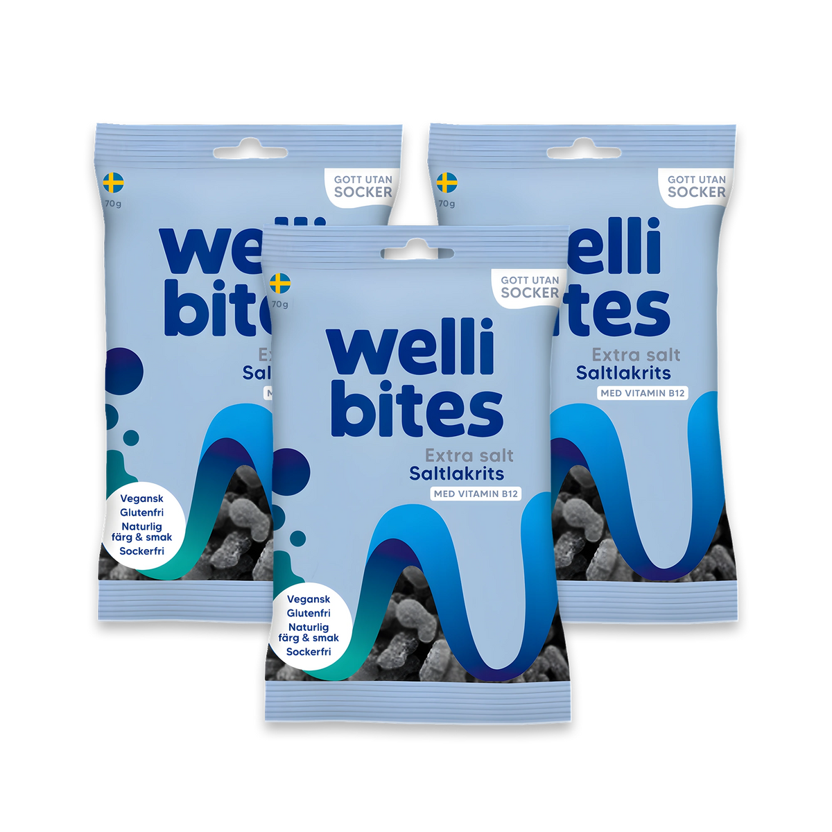 3 x Wellibites Candy 70 g Extra salt Saltlakrits sokerittomat vegaanikarkit vaaleansinisissä pusseissa.