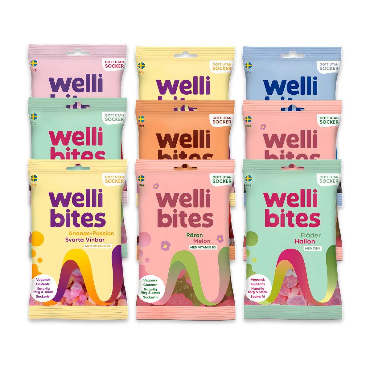 9 x Wellibites Candy 70 g värikkäissä karkkipusseissa eri mauissa, kuten mansikka-cola ja extra suolalakritsi.