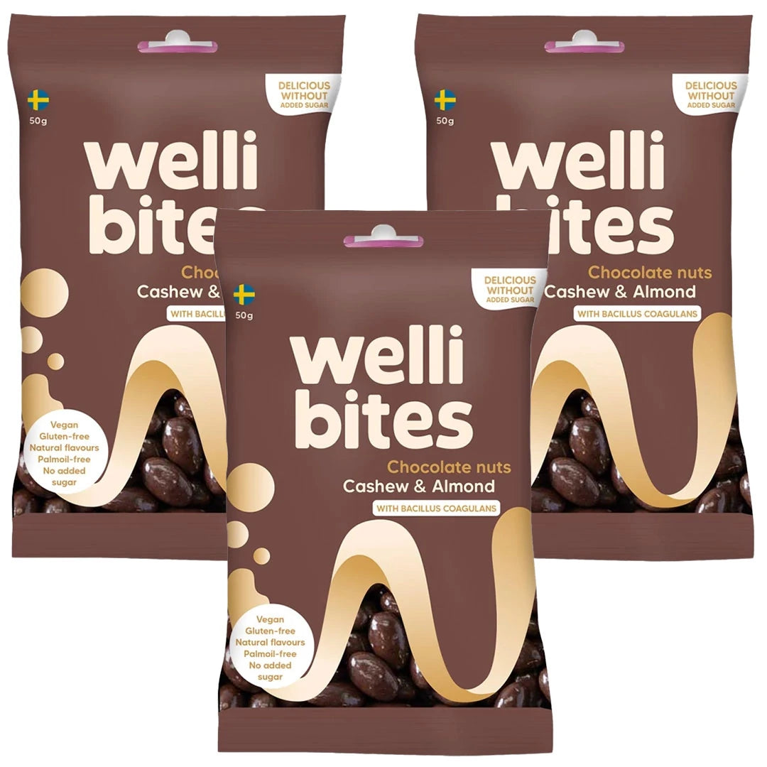 3 x Wellibites Candy 50 g Chocolate Nuts Cashew &amp; Almond kolmessa ruskeassa pussissa vegaanista karkkia., kuva 1/1