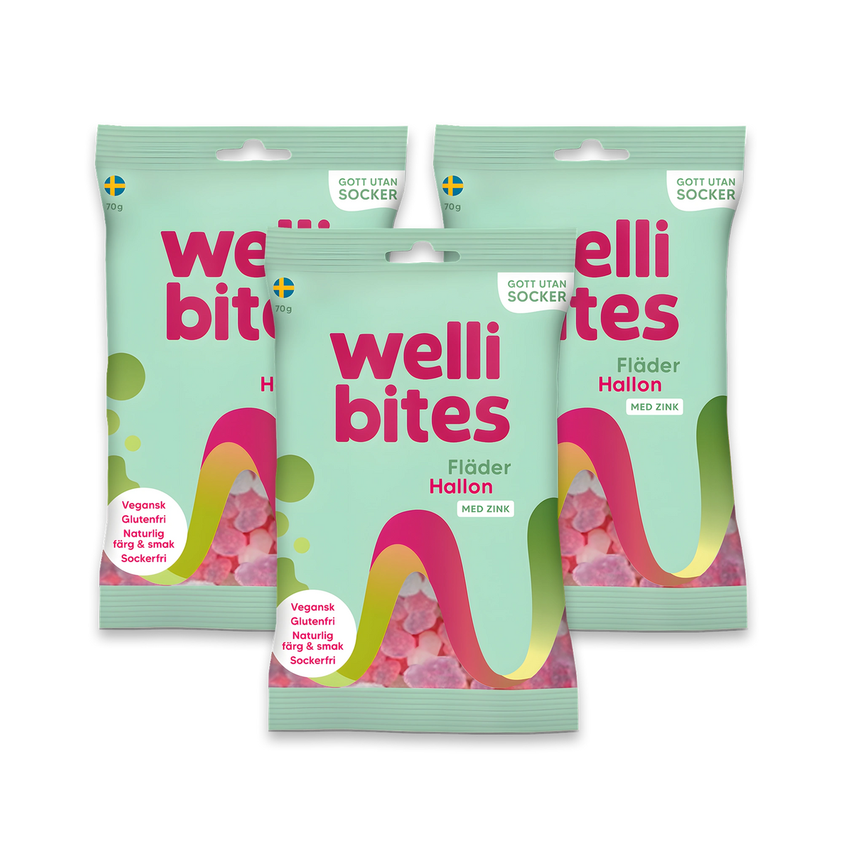 3 x Wellibites Candy 70 g vihreissä pusseissa värikkäillä yksityiskohdilla, makuna Fläder & Hallon.