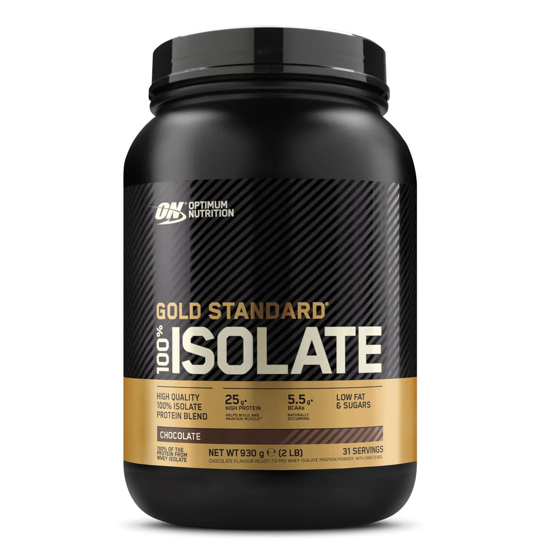 Optimum Nutrition 100% Gold Standard Isolate 930 g mustassa purkissa kultaisilla yksityiskohdilla, makuna Chocolate.