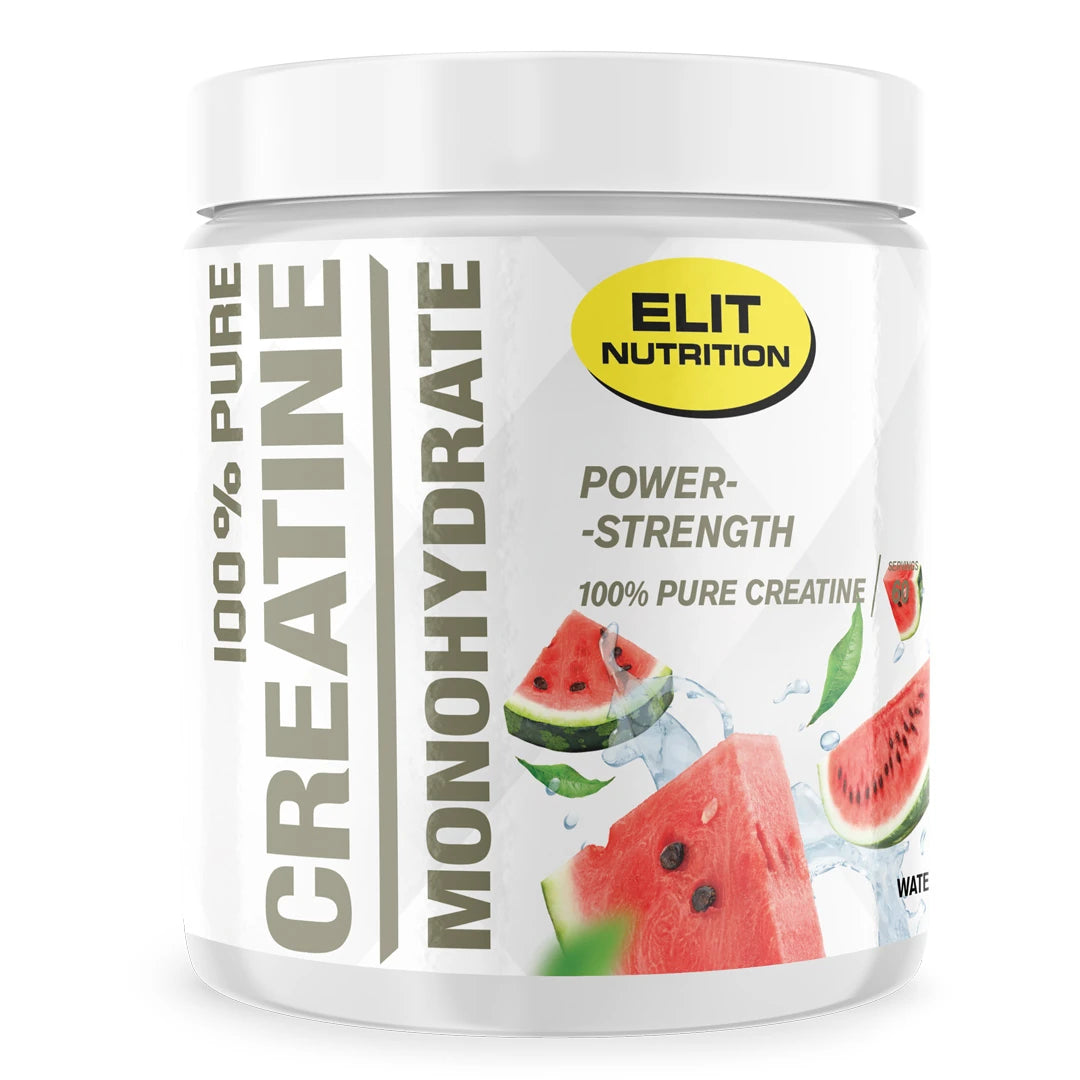 Elit Nutrition 100% Pure Creatine Monohydrate 300 g valkoisessa purkissa, jossa makuna Watermelon ja etiketissä vesimelonia., kuva 2/6