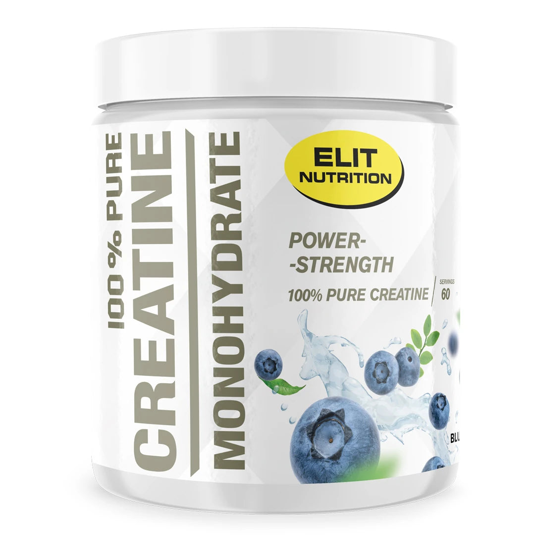 Valkoinen purkki Elit Nutrition 100% Pure Creatine Monohydrate 300 g -kreatiinijauhetta Blueberry-maussa, mukana mustikoita., kuva 6/6
